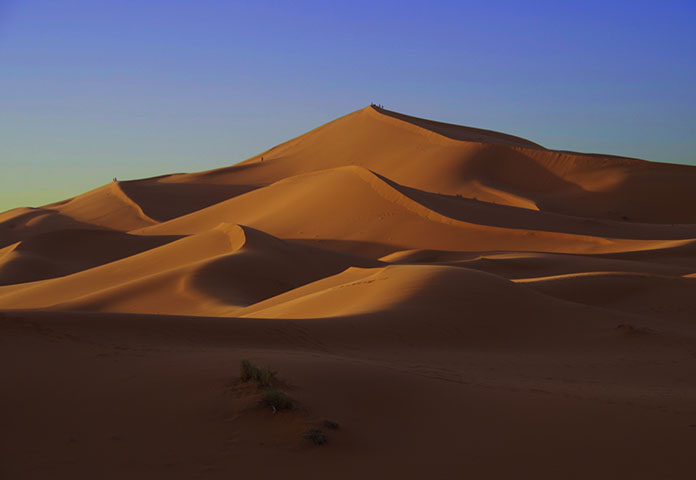 Desert dunes below a blue sky