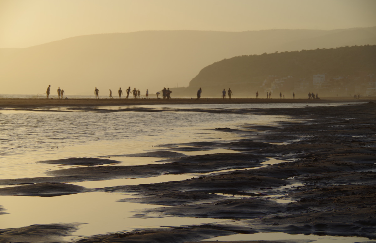 Beachcombers on a foggy beach silhouetted in by the sunset